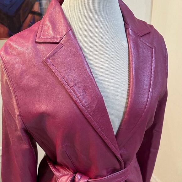 Bernardo Collection Pink Raspberry Belted Soft Leather Jacket Size Medium - Picture 2 of 13
